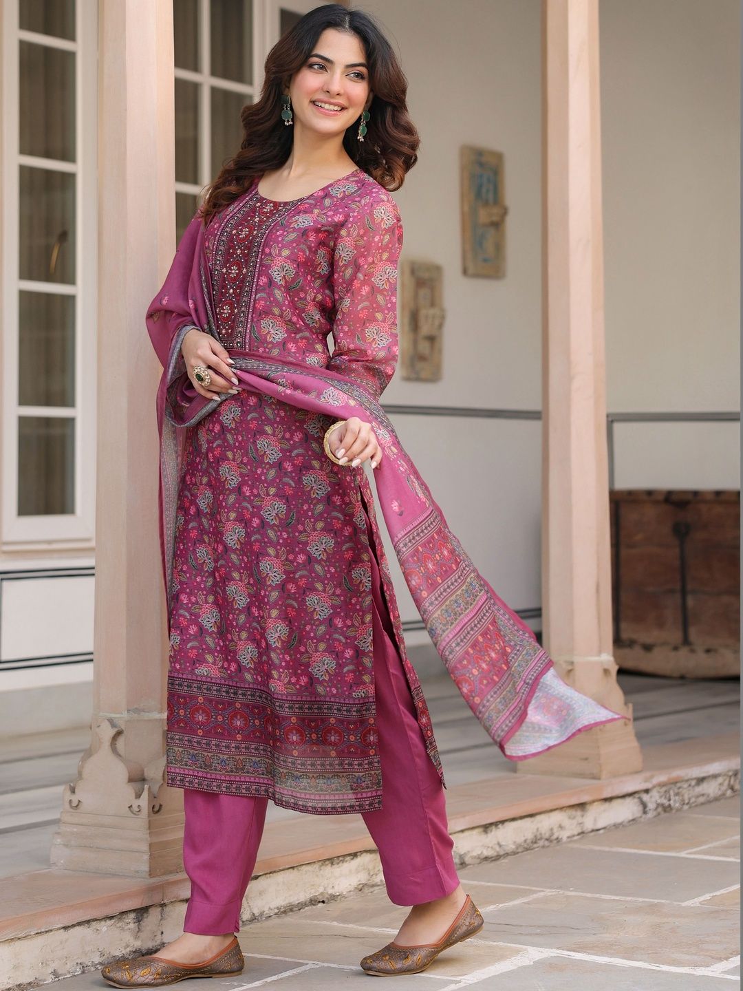 Dhiyona RR Women's Ethnic Motifs Printed Regular Sequinned Chanderi Cotton Kurta with Trousers & With