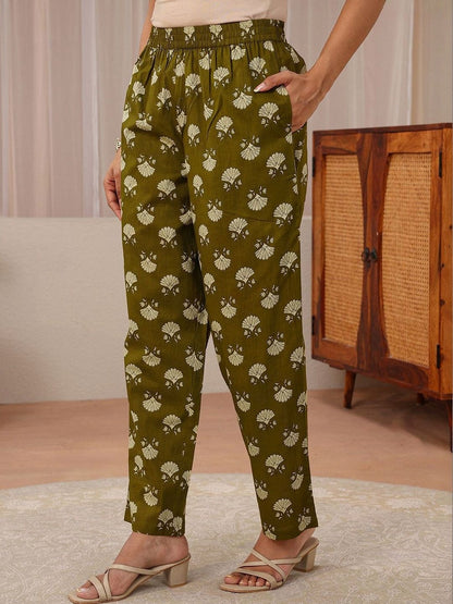 Green Floral Printed Cotton Straight Suit Set