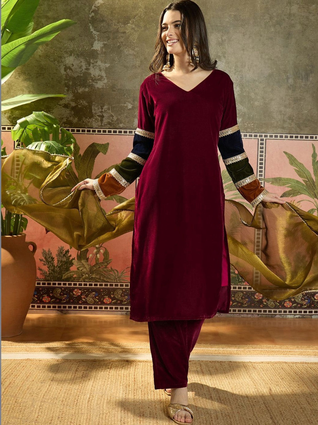 Women Velvet Embroidered Straight Kurta Pant With Dupatta Set