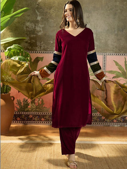 Women Velvet Embroidered Straight Kurta Pant With Dupatta Set