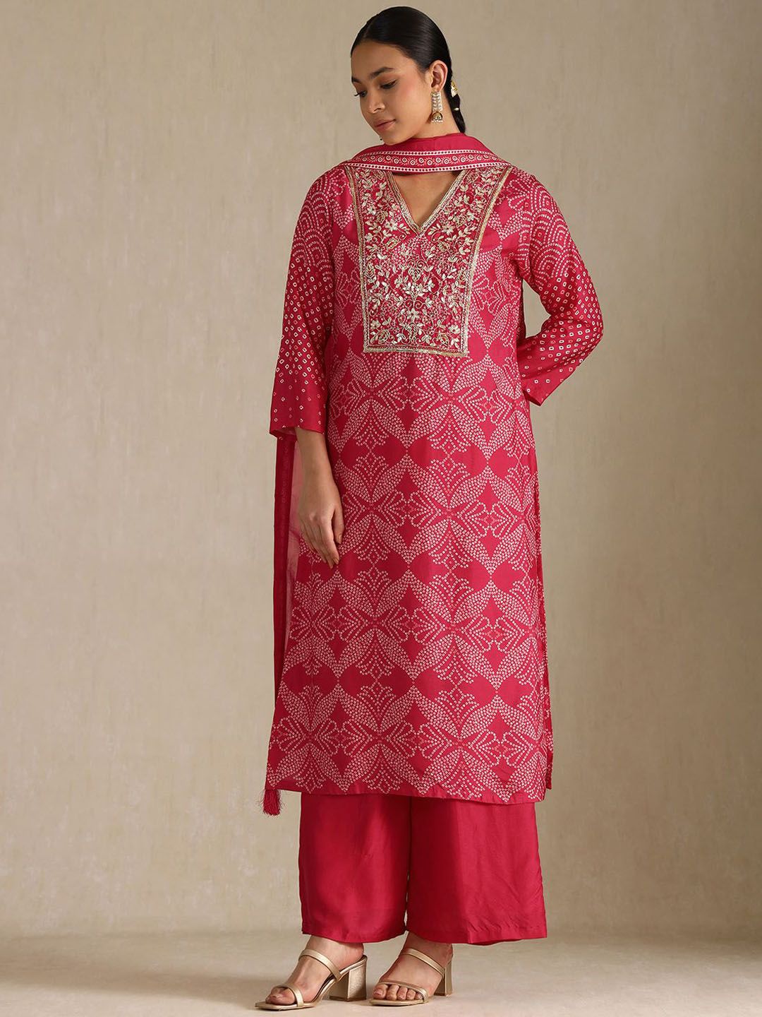 Dhiyona SO Women's Women Bandhani Striped Regular Zardozi Kurta with Palazzos & With Dupatta