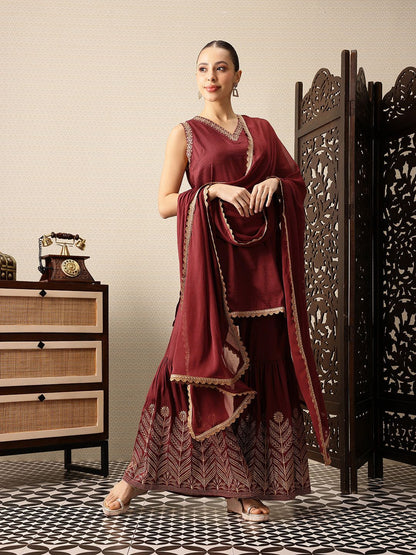 Dhiyona HOP Embroidered V-Neck Thread Work Jashn Kurta with Sharara & Dupatta