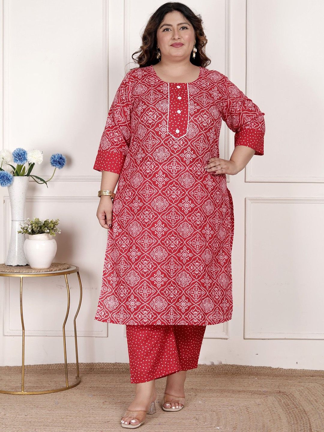 Dhiyona KL Bandhani Print Beads & Stones Pure Cotton Plus Size Kurta with Trousers & Dupatta