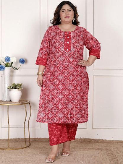 Dhiyona KL Bandhani Print Beads & Stones Pure Cotton Plus Size Kurta with Trousers & Dupatta