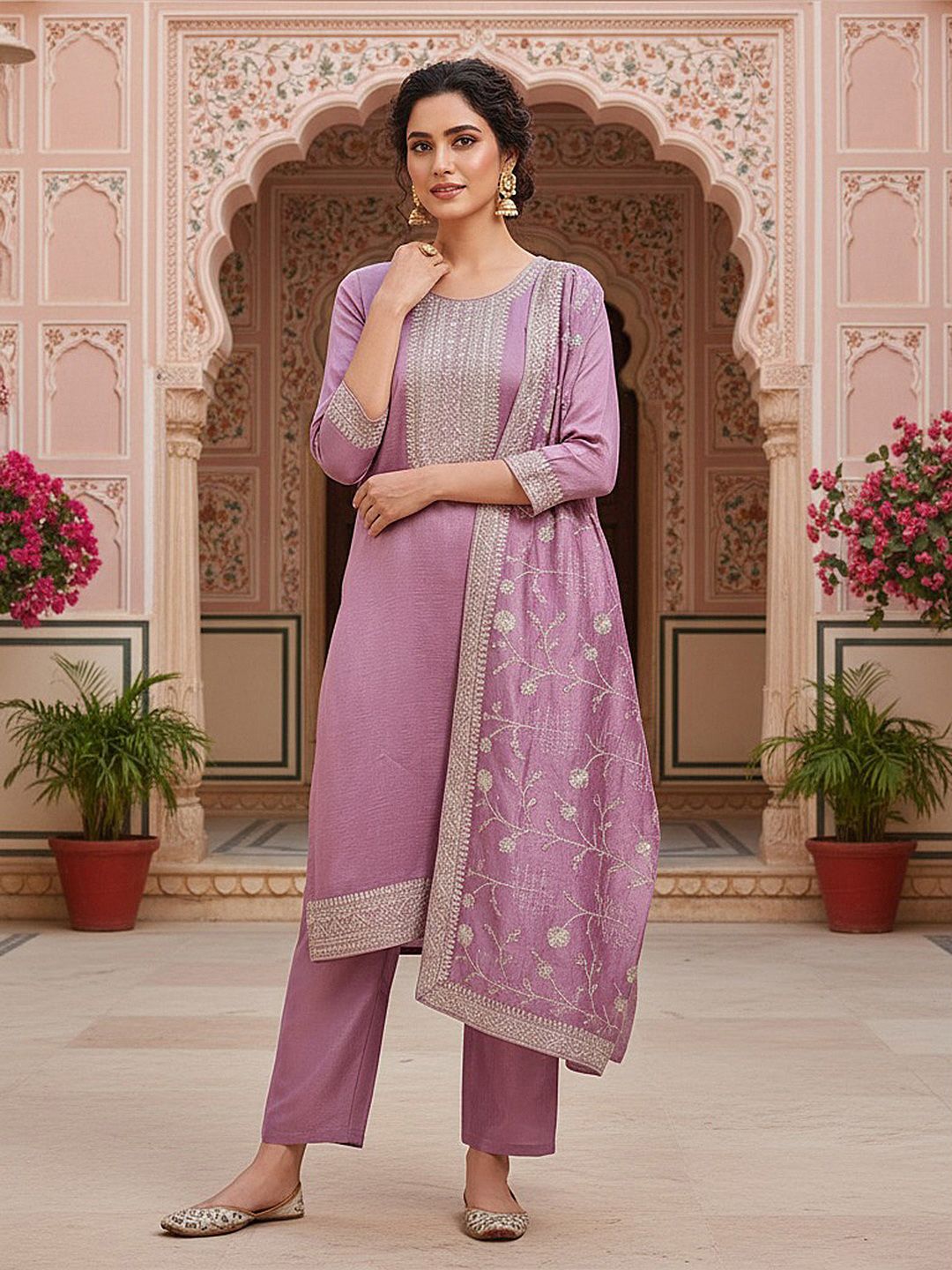 Dhiyona KL Floral Embroidered Sequinned Straight Kurta & Trousers With Dupatta