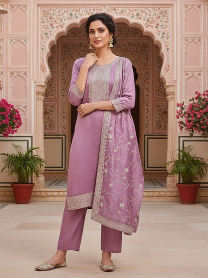 Dhiyona KL Floral Embroidered Sequinned Straight Kurta & Trousers With Dupatta
