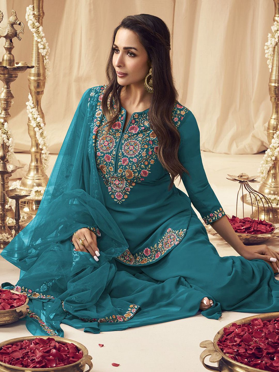 Dhiyona IN Turquoise Blue Floral Embroidered Notch Neck Georgette Kurti with Palazzo & Dupatta