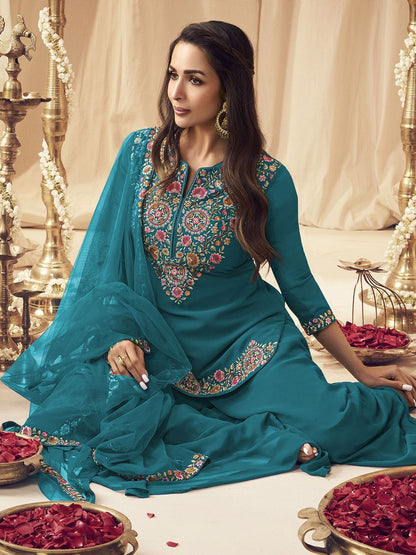 Dhiyona IN Turquoise Blue Floral Embroidered Notch Neck Georgette Kurti with Palazzo & Dupatta