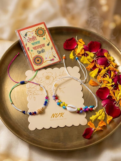 Dhiyona Set Of 2 Artificial Beads Thread Rakhi With Roli Chawal Chandan Mishri