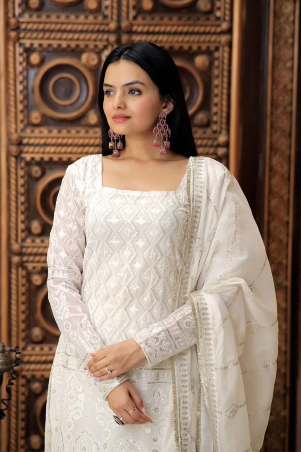 Dhiyona KL Chevron Embroidered Thread Work Georgette Straight Kurta with Sharara & Dupatta
