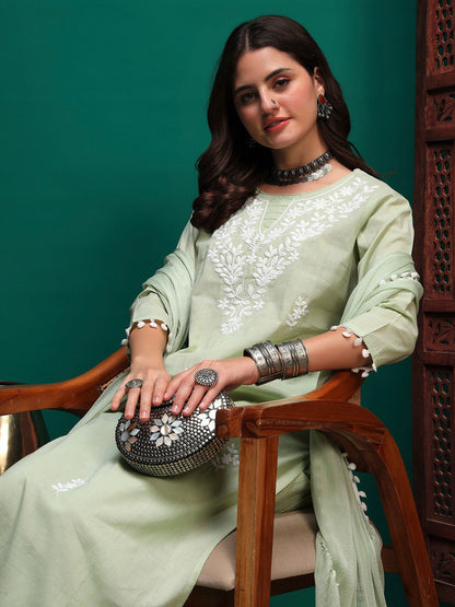 Floral Embroidered Pure Cotton Chikankari Straight Kurta & Trousers With Dupatta