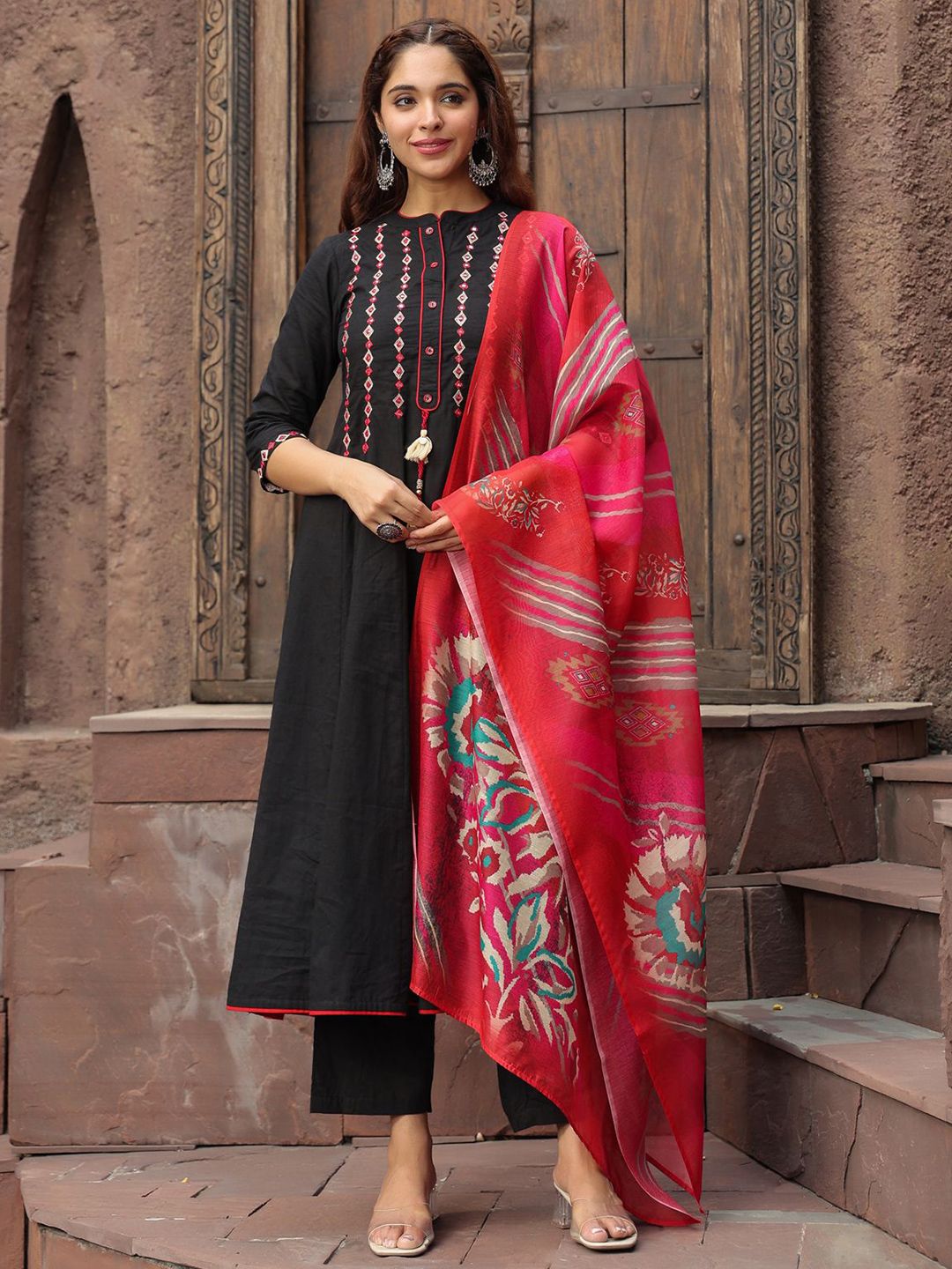 Dhiyona RR Women's Yoke Design Chanderi Cotton A-Line Kurta with Palazzos & Dupatta