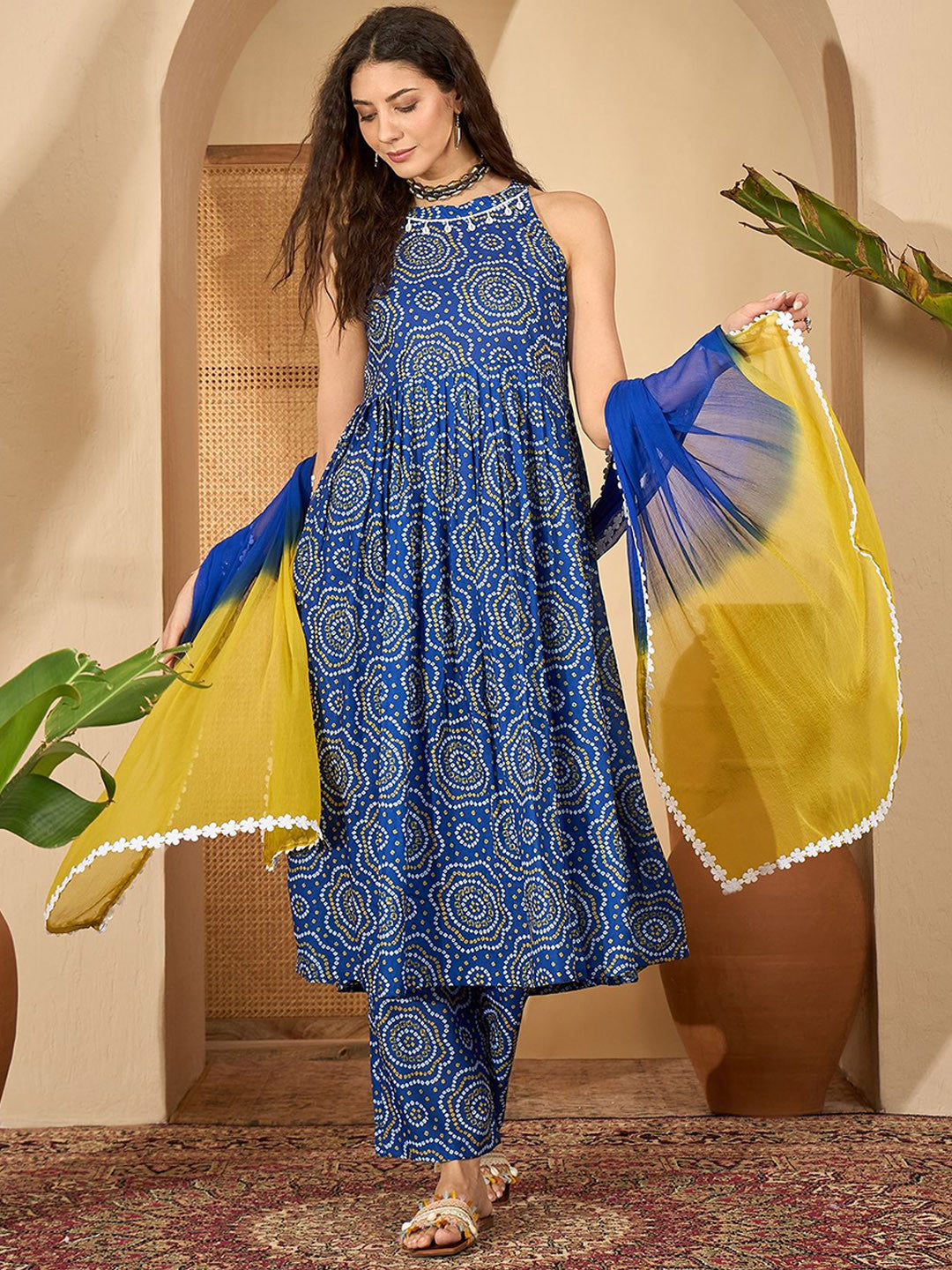 Dhiyona SN Women Bandhej Printed Pure Cotton Anarkali Kurta With Trouser & Dupatta