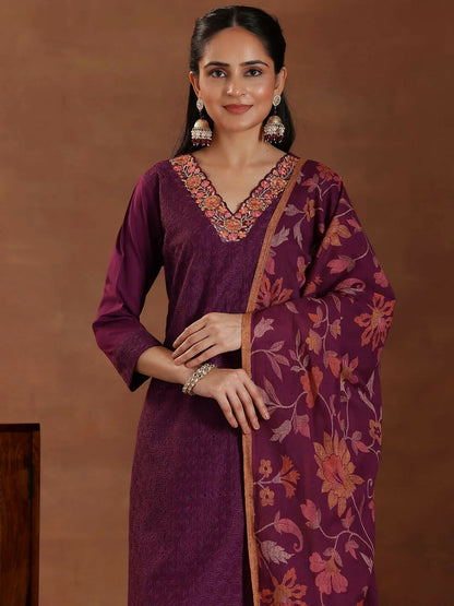 Women's LB Wine Embroidered Cotton Straight Suit With Dupatta