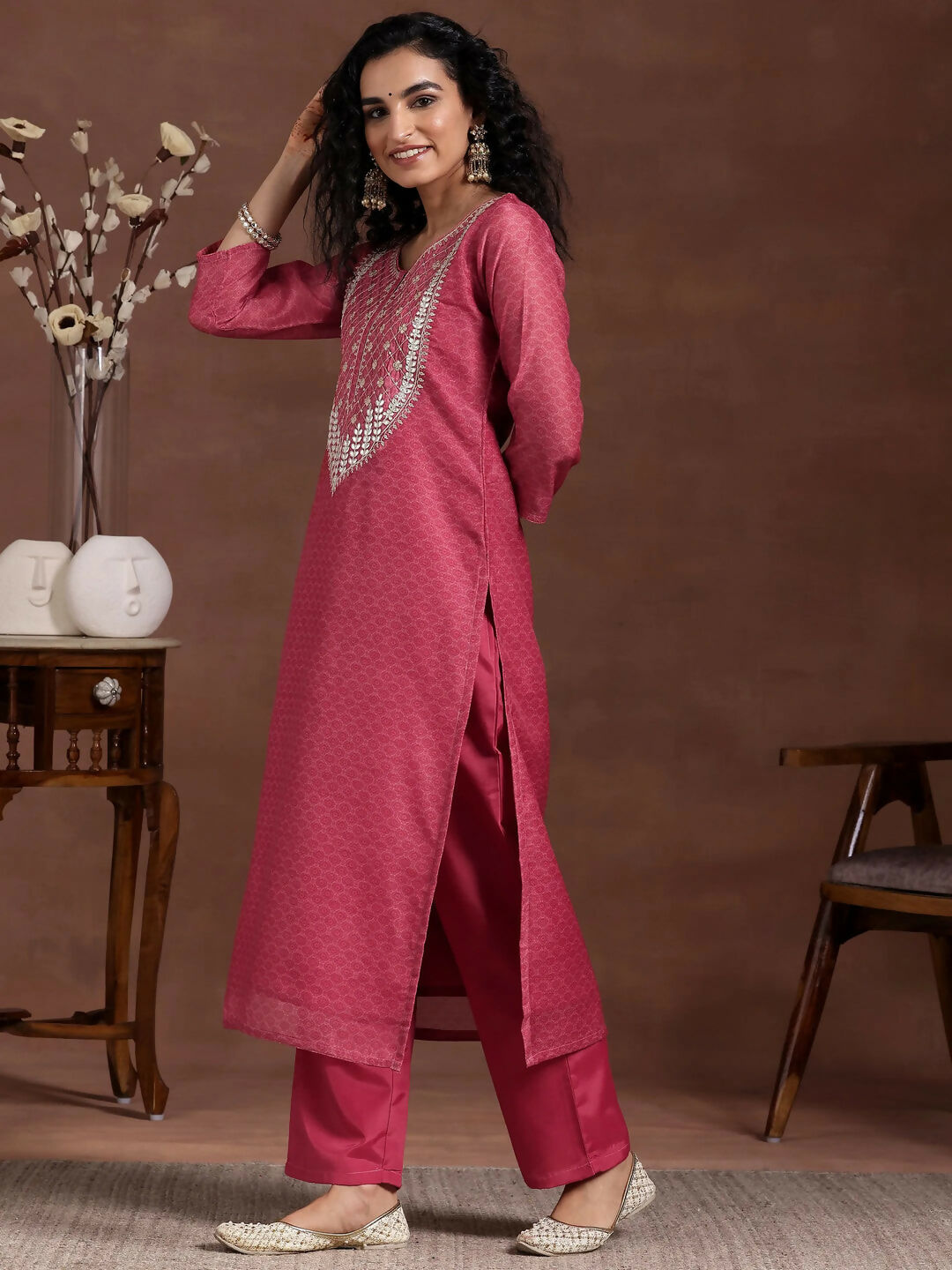 Women's LB Pink Printed Silk Blend Straight Suit With Dupatta