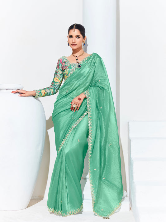 Dhiyona KM Women Green Silk Saree With Floral Blouse “ A Perfect Blend Of Grace & Elegancegreen Silk Saree