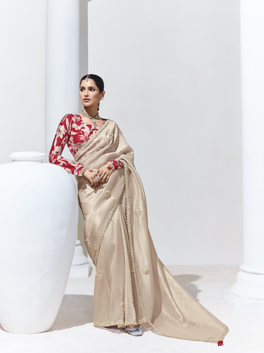 Dhiyona KM Women Elegant Beige Silk Saree With Red Blouse