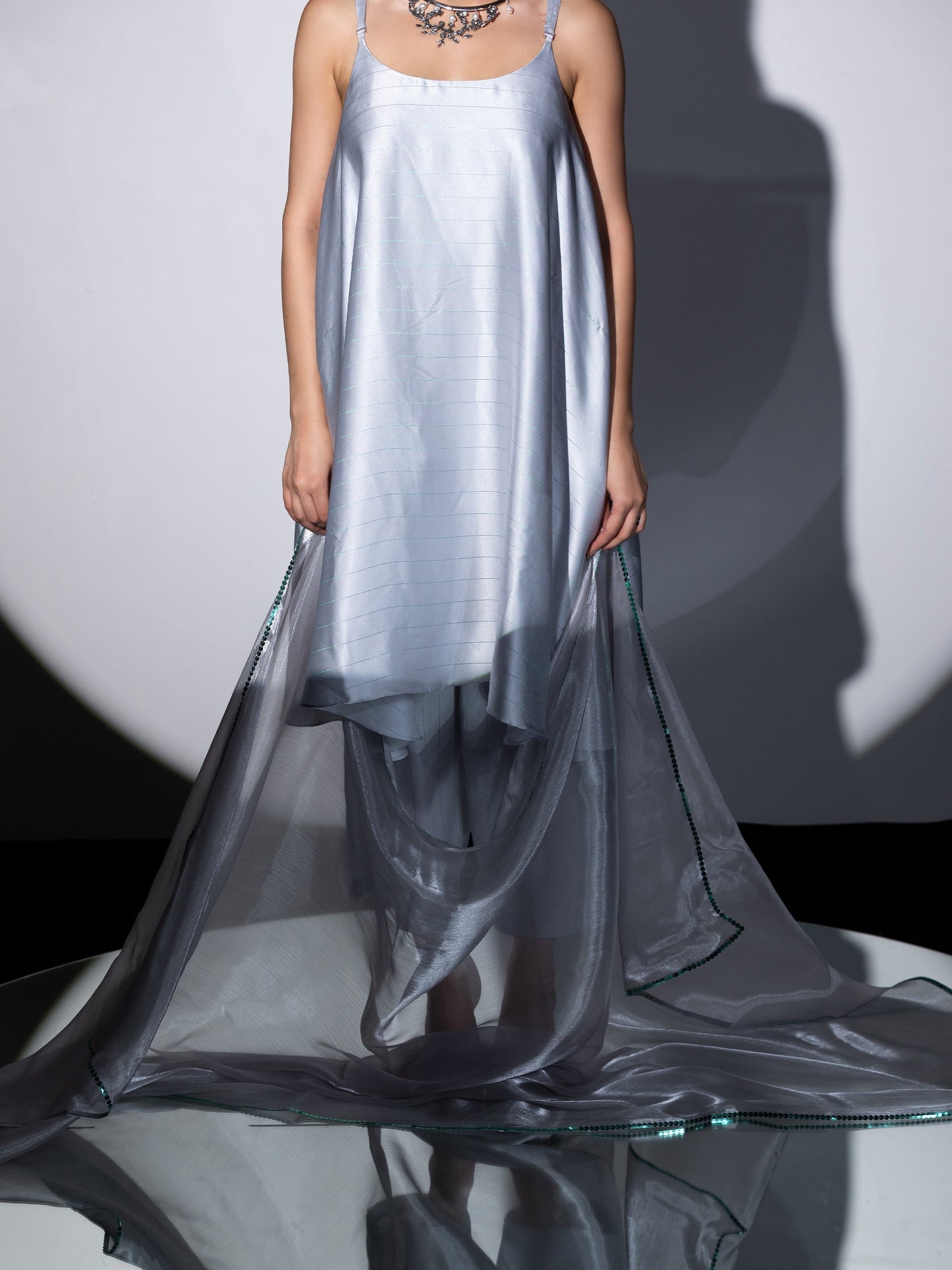 Dhiyona ST Women's Grey Stripe Satin Dress with Pants and Organza Chiffon Dupatta 3 Piece Set | Straight Fit, Round Neck, Sleeveless, Pants, Partywear, (Satin Chiffon)