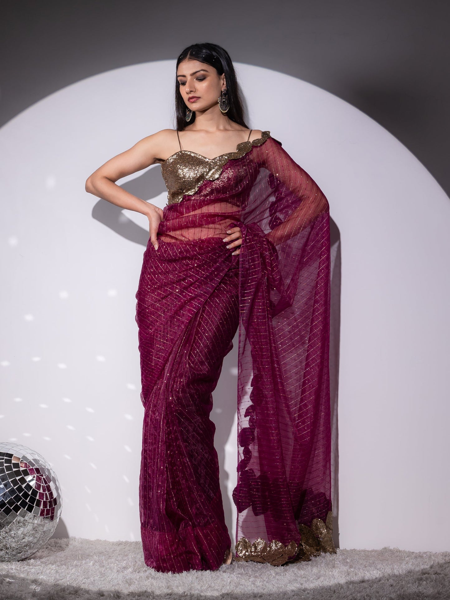 Dhiyona ST Falling leaves Sparkle Wine Saree
