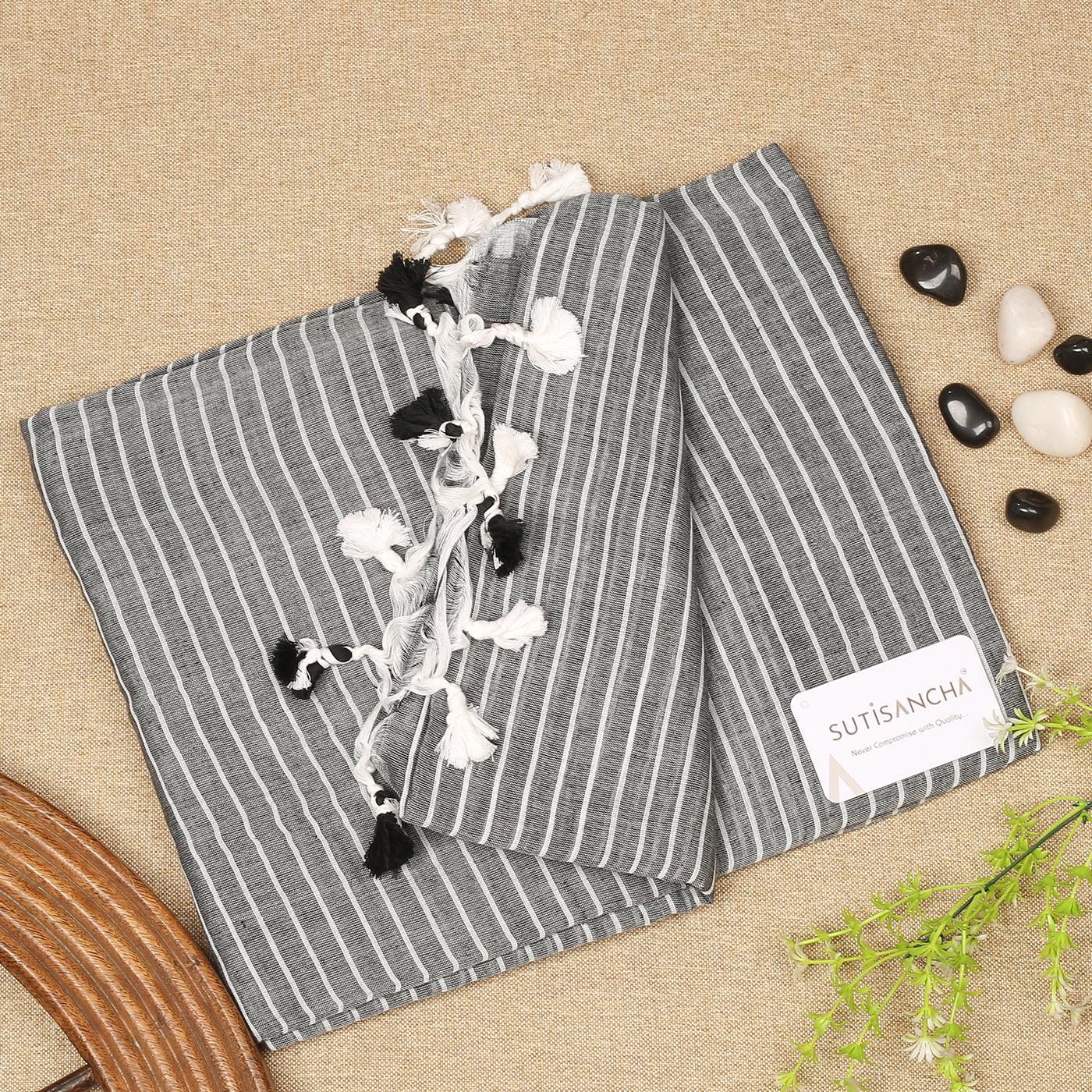 Dhiyona SS Sutisancha Grey Stripe with PomPom Handloom Cotton Saree