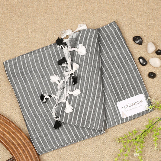 Dhiyona SS Sutisancha Grey Stripe with PomPom Handloom Cotton Saree