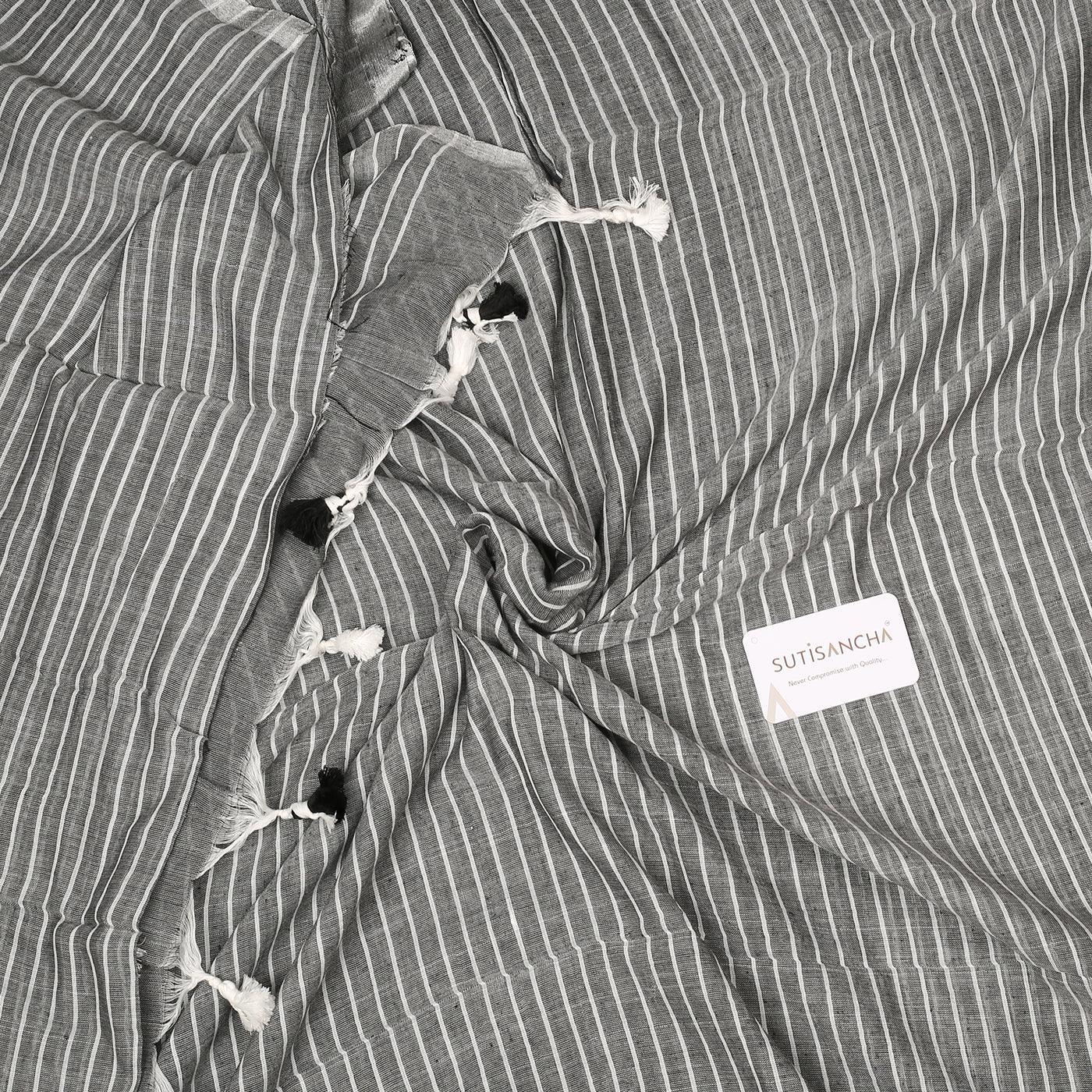 Dhiyona SS Sutisancha Grey Stripe with PomPom Handloom Cotton Saree