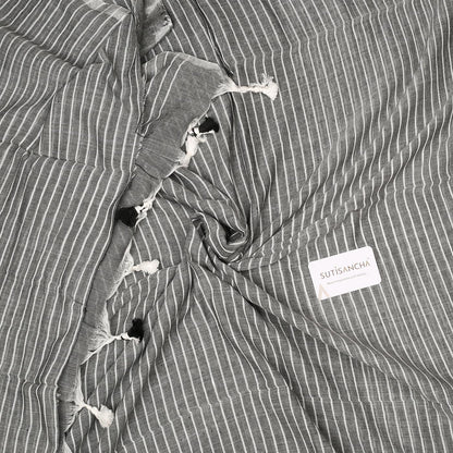 Dhiyona SS Sutisancha Grey Stripe with PomPom Handloom Cotton Saree