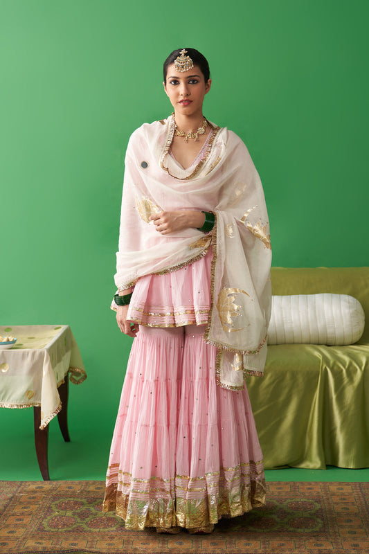 Dhiyona RS Jhoom Soft pink v neck kurta with garara and ivory foil printed chand dupatta