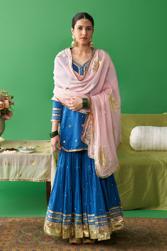 Dhiyona RS Jhoom Cobalt blue short kurta with garara and soft pink foil printed chand dupatta