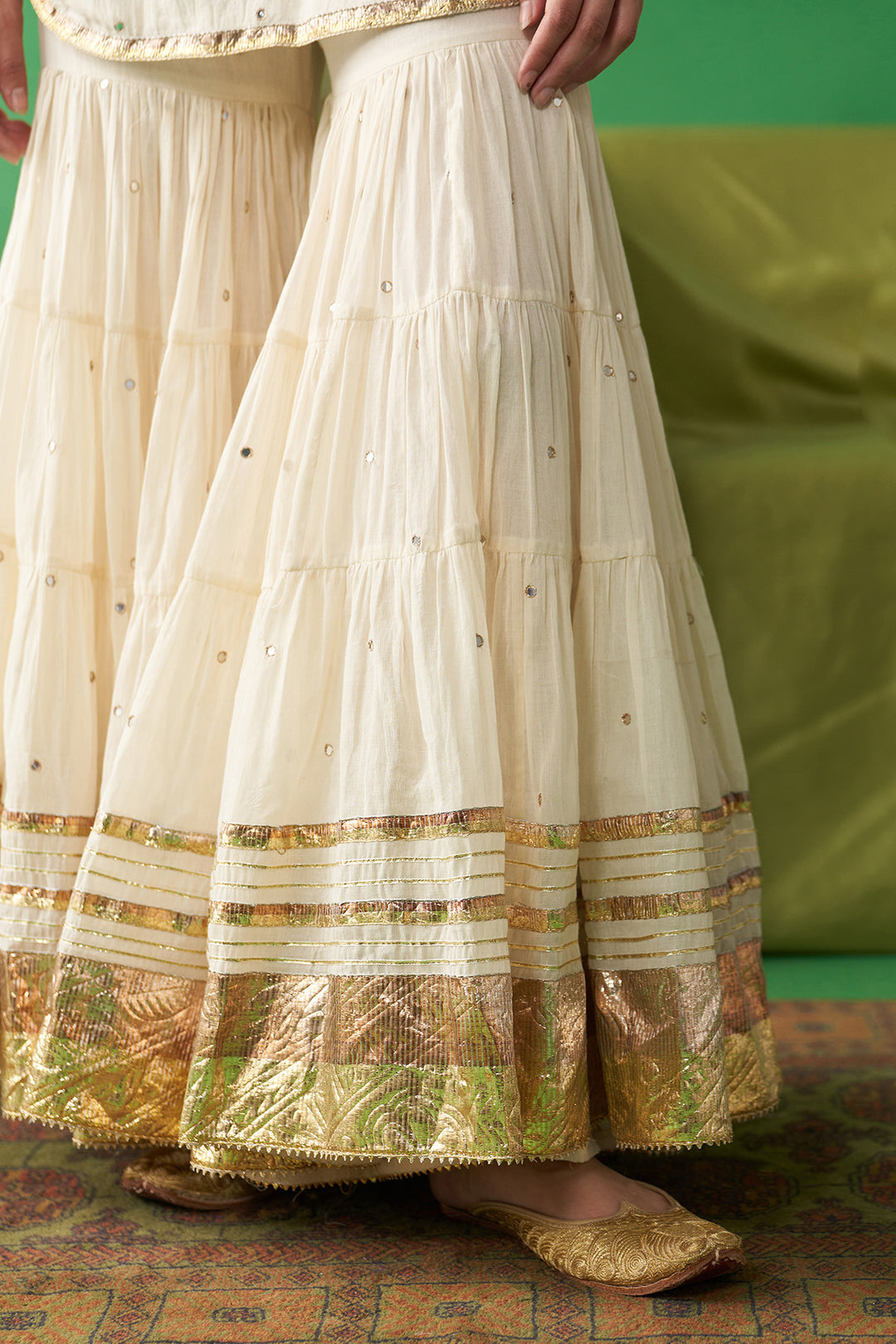 Dhiyona RS Jhoom Ivory short kurta with garara and neon green foil printed chand dupatta