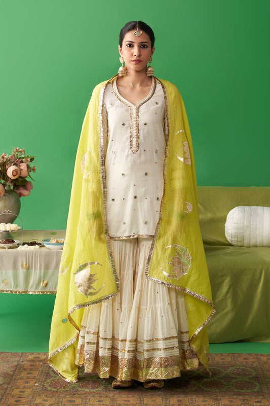 Dhiyona RS Jhoom Ivory short kurta with garara and neon green foil printed chand dupatta