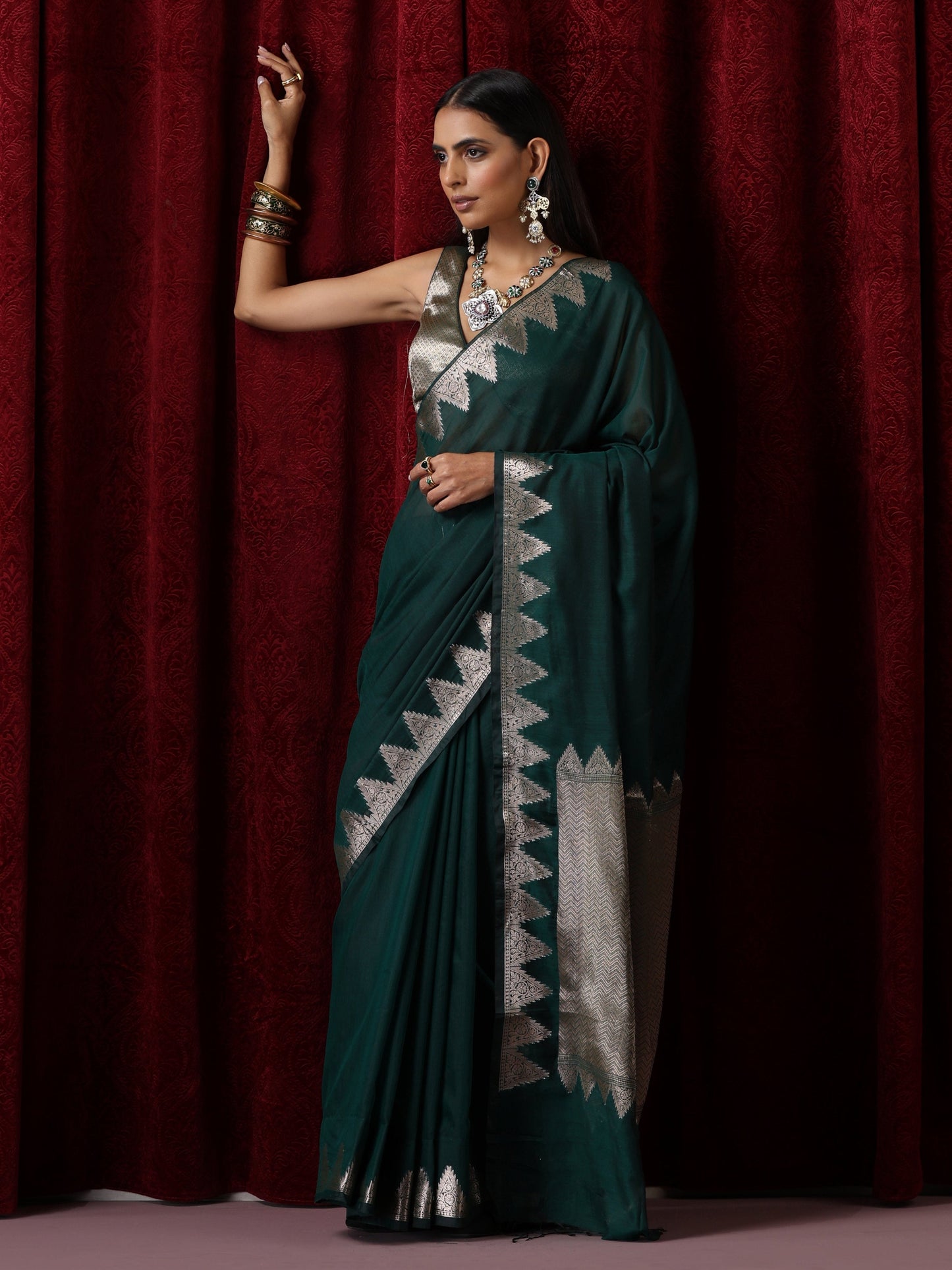 Dhiyona ST Emerald Temple Pure Silk Saree with Blouse Fabric