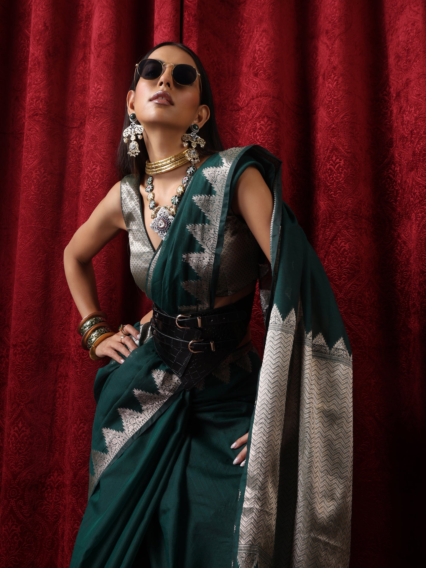 Dhiyona ST Emerald Temple Pure Silk Saree with Blouse Fabric