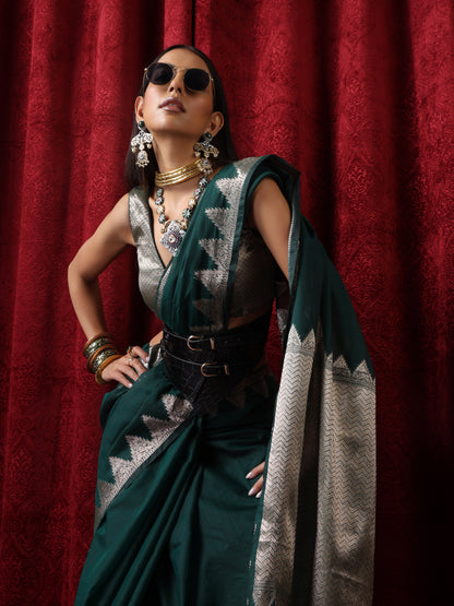 Dhiyona ST Emerald Temple Pure Silk Saree with Blouse Fabric