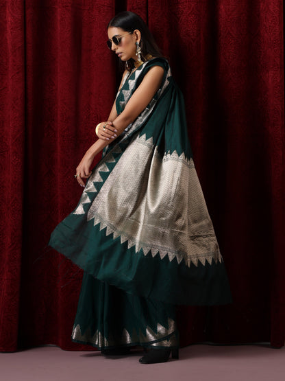 Dhiyona ST Emerald Temple Pure Silk Saree with Blouse Fabric