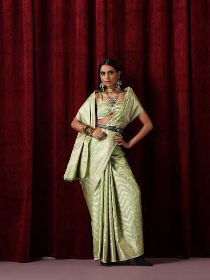 Dhiyona ST Pure Silk Green Chevron Saree with Blouse Fabric