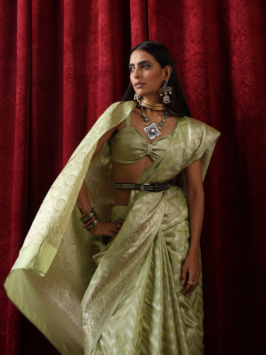 Dhiyona ST Pure Silk Green Chevron Saree with Blouse Fabric