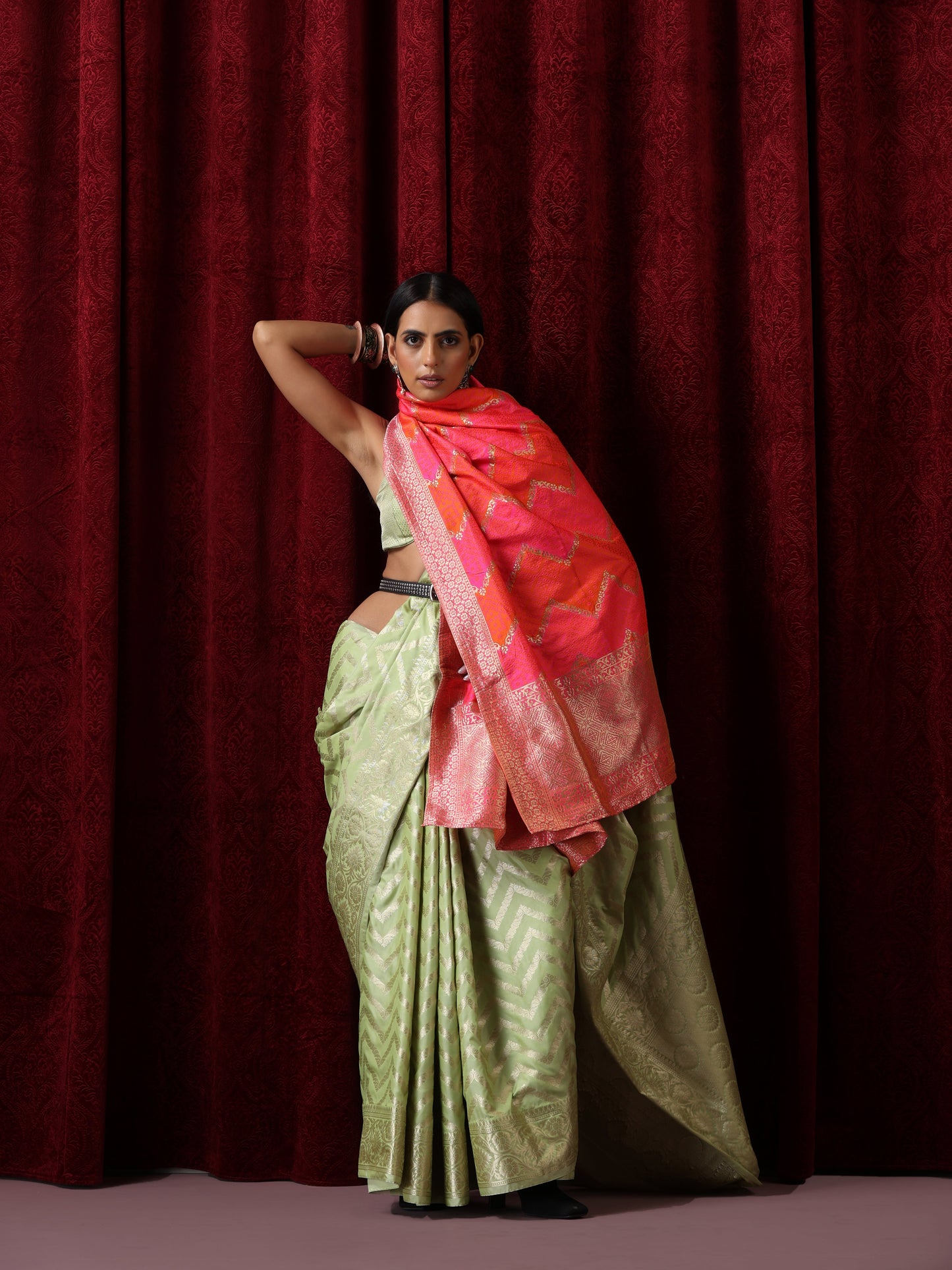 Dhiyona ST Pure Silk Green Chevron Saree with Blouse Fabric