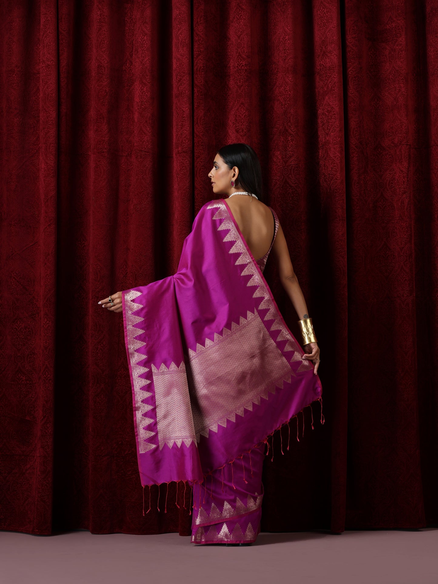 Dhiyona ST Banarasi Plum Temple Pure Silk Saree with Blouse Fabric