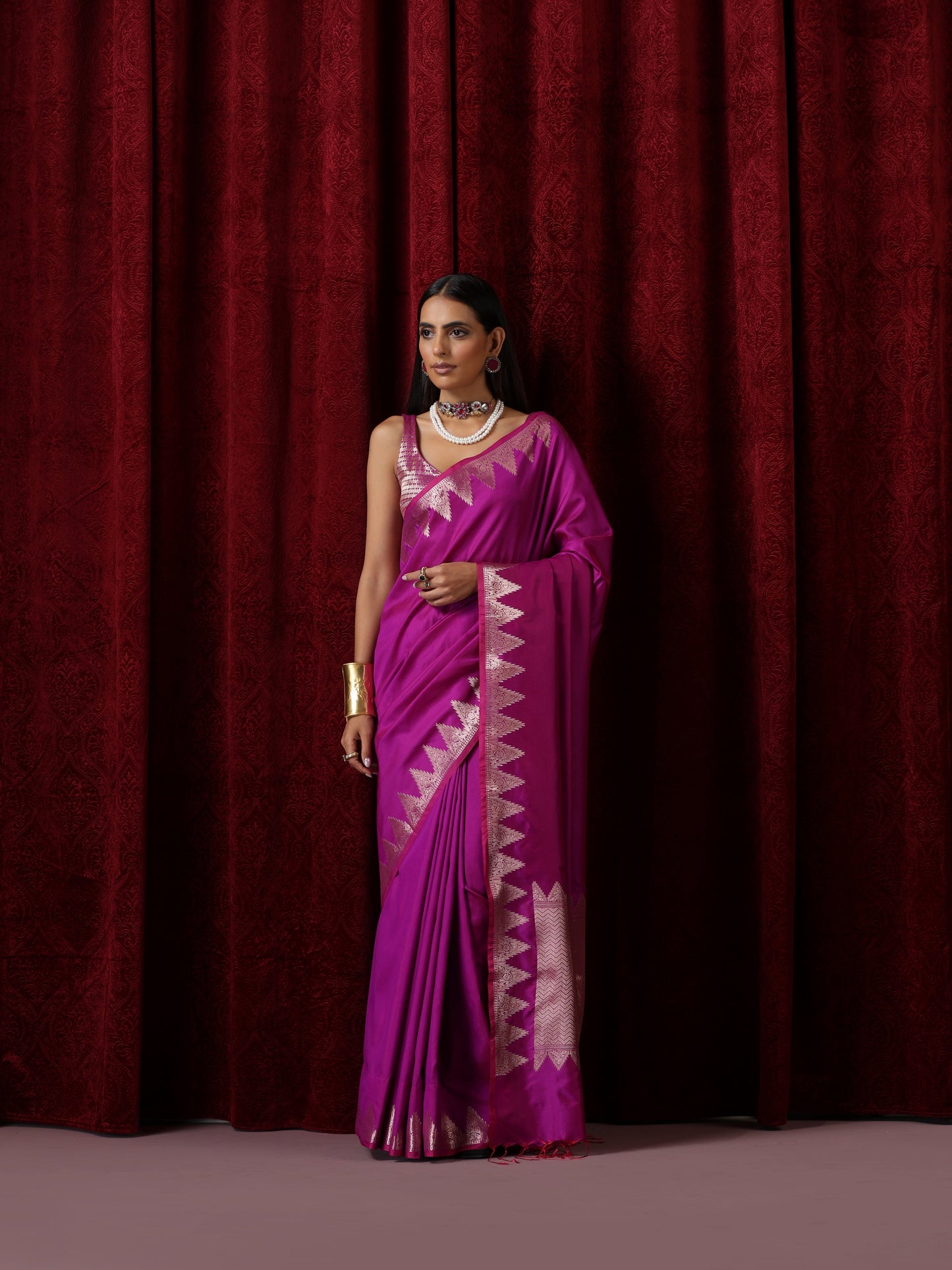 Dhiyona ST Banarasi Plum Temple Pure Silk Saree with Blouse Fabric