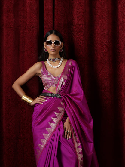 Dhiyona ST Banarasi Plum Temple Pure Silk Saree with Blouse Fabric