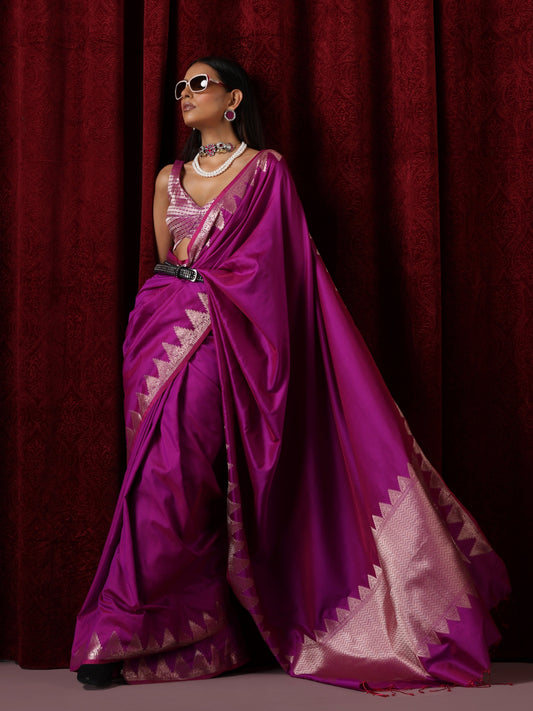 Dhiyona ST Banarasi Plum Temple Pure Silk Saree with Blouse Fabric