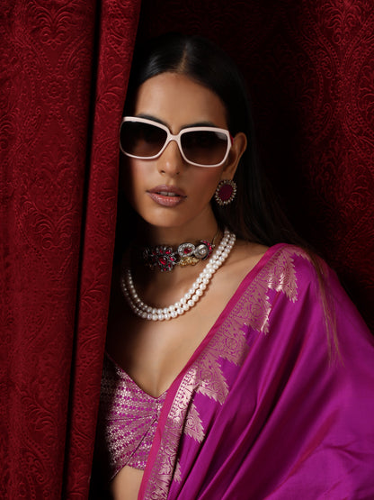 Dhiyona ST Banarasi Plum Temple Pure Silk Saree with Blouse Fabric