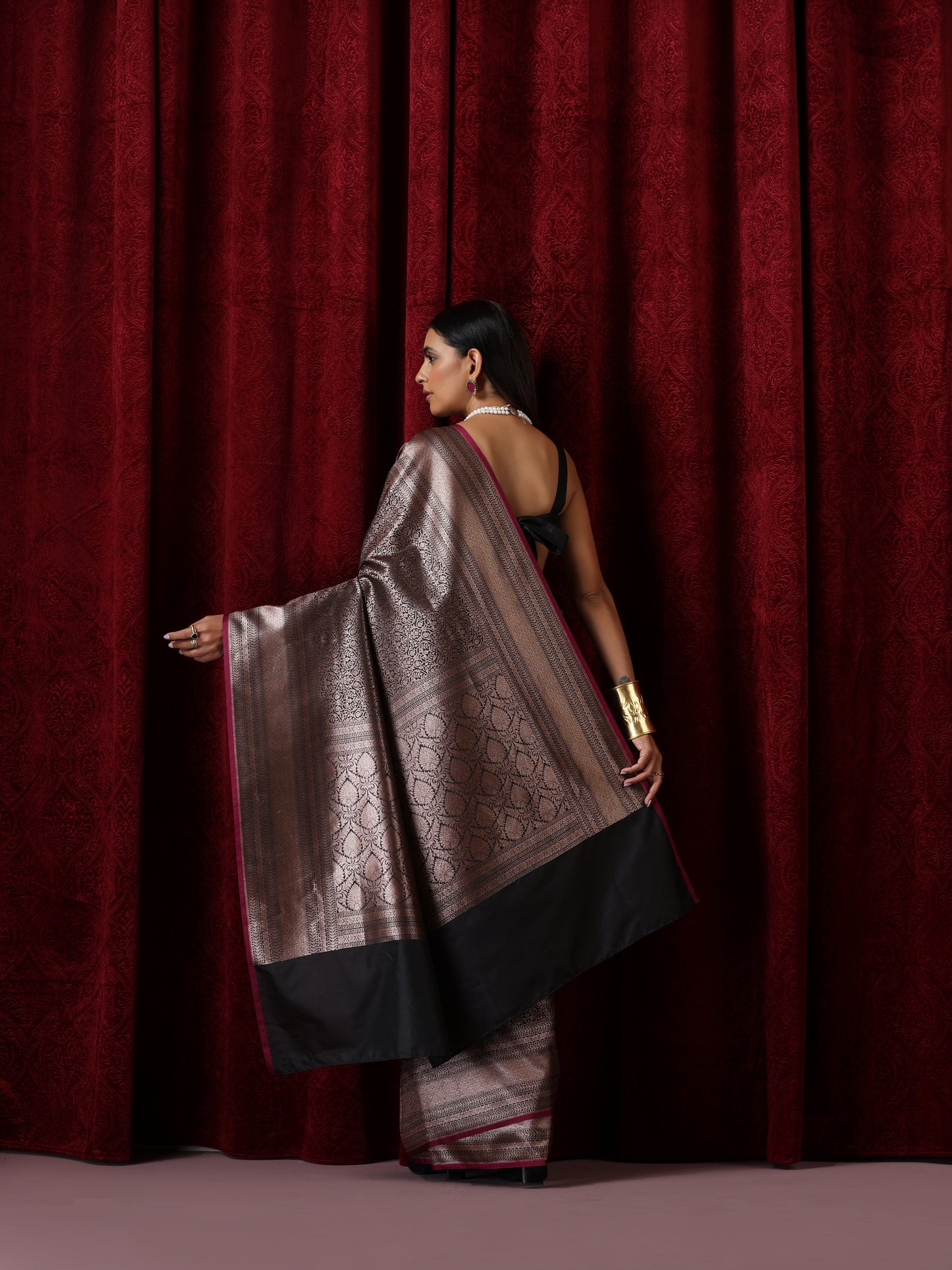 Dhiyona ST Banarasi Black Purple Jaal Silk Saree with Blouse Fabric