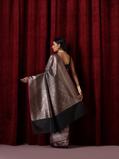 Dhiyona ST Banarasi Black Purple Jaal Silk Saree with Blouse Fabric
