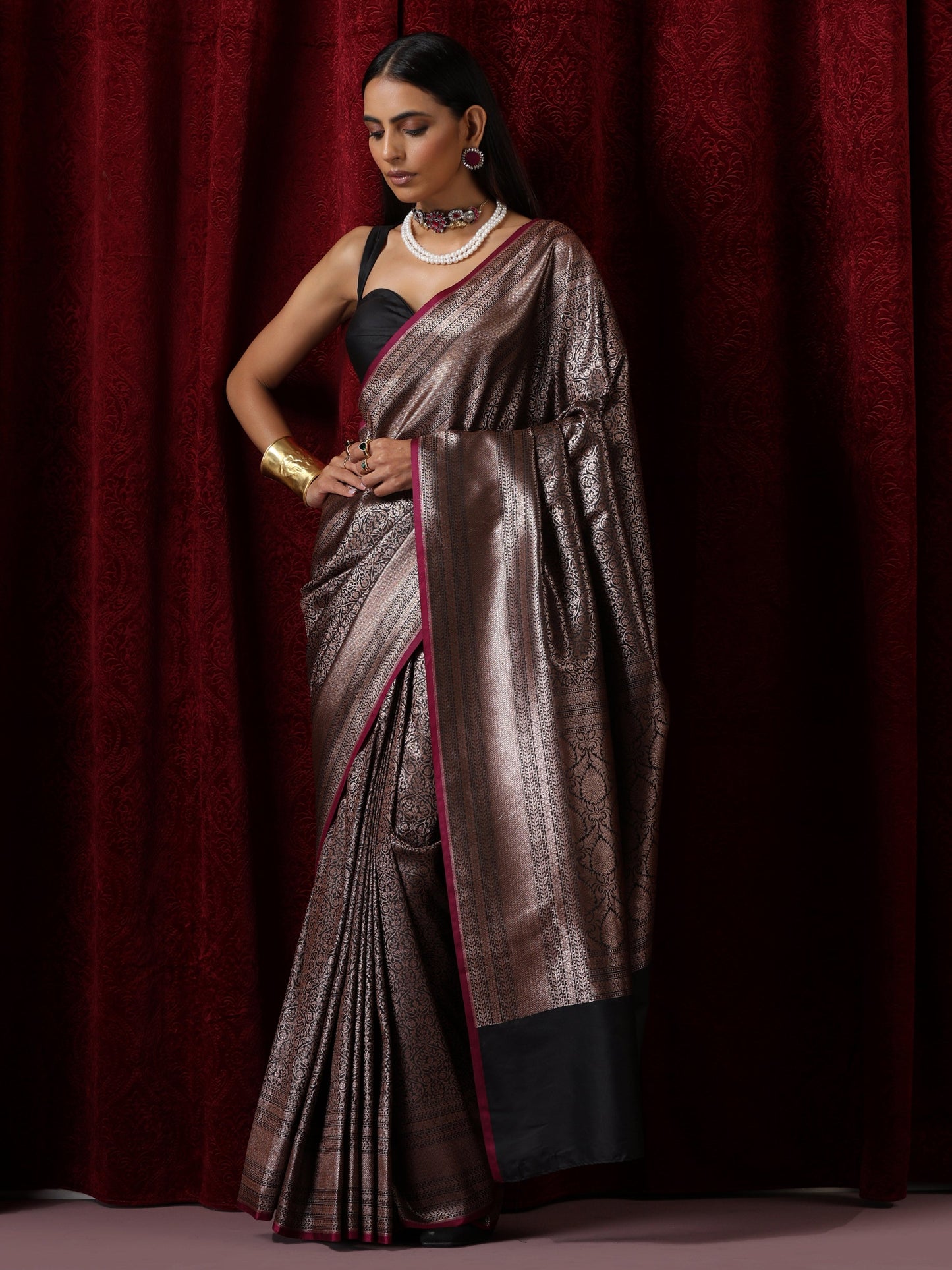 Dhiyona ST Banarasi Black Purple Jaal Silk Saree with Blouse Fabric