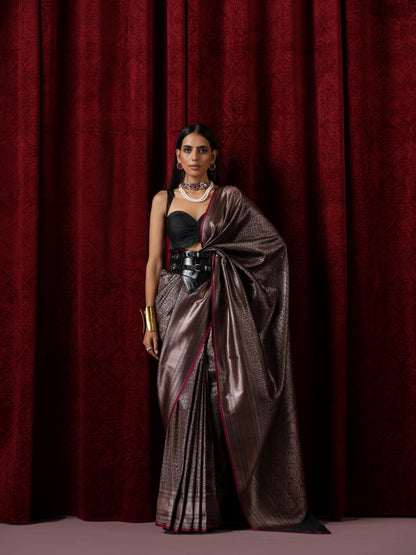 Dhiyona ST Banarasi Black Purple Jaal Silk Saree with Blouse Fabric
