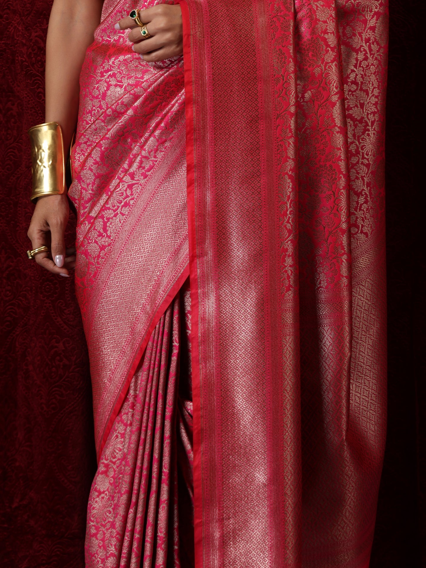 Dhiyona ST Banarasi Fuchsia Red Jaal Silk Saree with Blouse Fabric