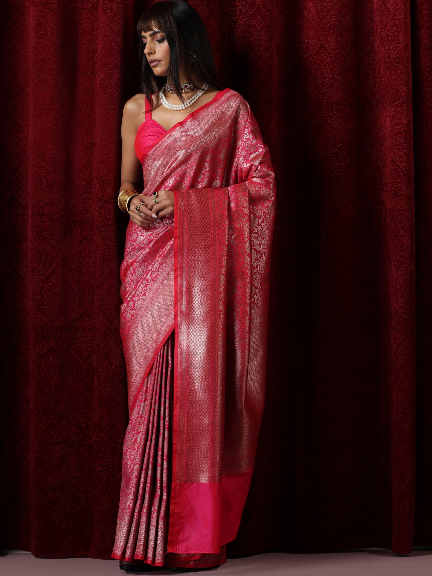 Dhiyona ST Banarasi Fuchsia Red Jaal Silk Saree with Blouse Fabric
