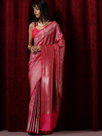 Dhiyona ST Banarasi Fuchsia Red Jaal Silk Saree with Blouse Fabric